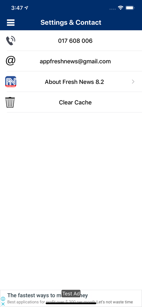 Settings and Contact page of the Fresh News International mobile app showing email and phone contact information