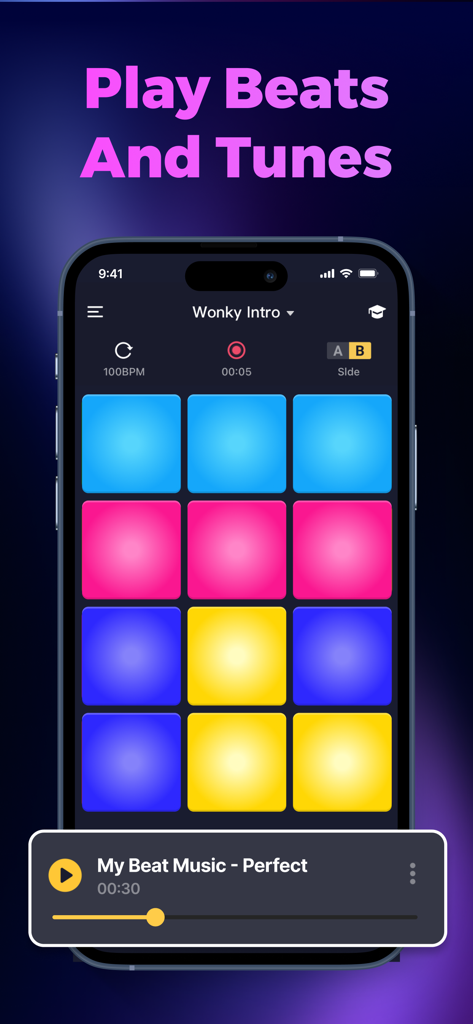 Beat Maker - Music Drum Pad - Ein Smartphone zeigt die Beat Maker App-Oberfläche mit bunten Drum-Pads und dem Text Play Beats and Tunes.