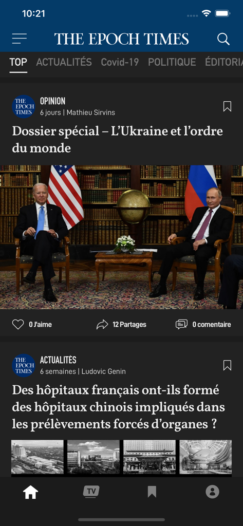 Epoch Times Français - Interface of the Epoch Times French app featuring geopolitical news articles and international reports