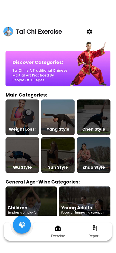 Home Workout: Tai Chi Exercise - Interfaz de la aplicación Home Workout Tai Chi Exercise mostrando estilos como Yang y Chen, además de categorías por edad