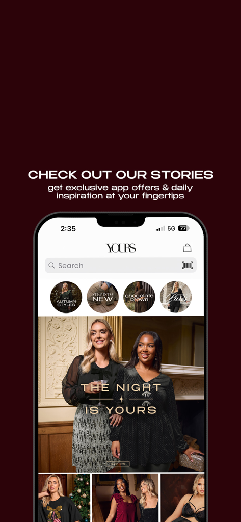 Captura de pantalla de la app Yours Clothing mostrando historias interactivas de moda e inspiración diaria para mujeres curvy.