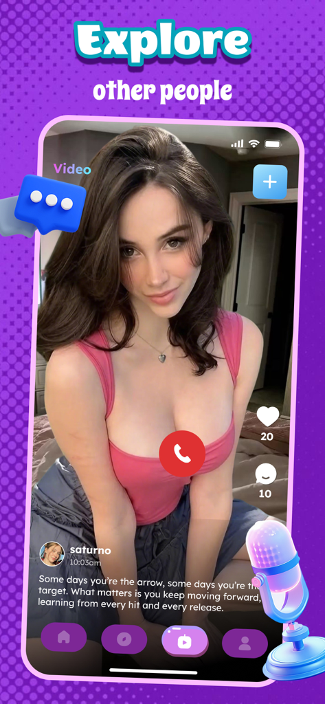 MetaChat - Adult，Voice Social - MetaChat social app interface displaying a video profile in the explore section