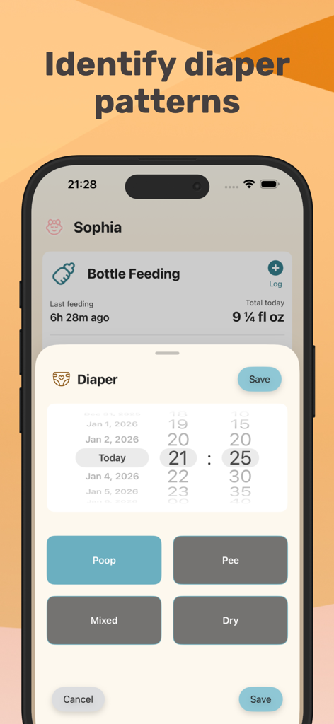 Baby Feeding Tracker NooraBaby - Noora Babyアプリのインターフェース。うんち、おしっこ、混合、おむつなしのオプションがあるおむつ記録画面を表示しています。