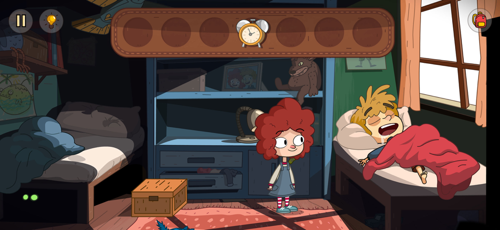 Lost in Play - Una ragazza dai capelli rossi e il suo fratello addormentato in una camera da letto disegnata a mano nel gioco Lost in Play.