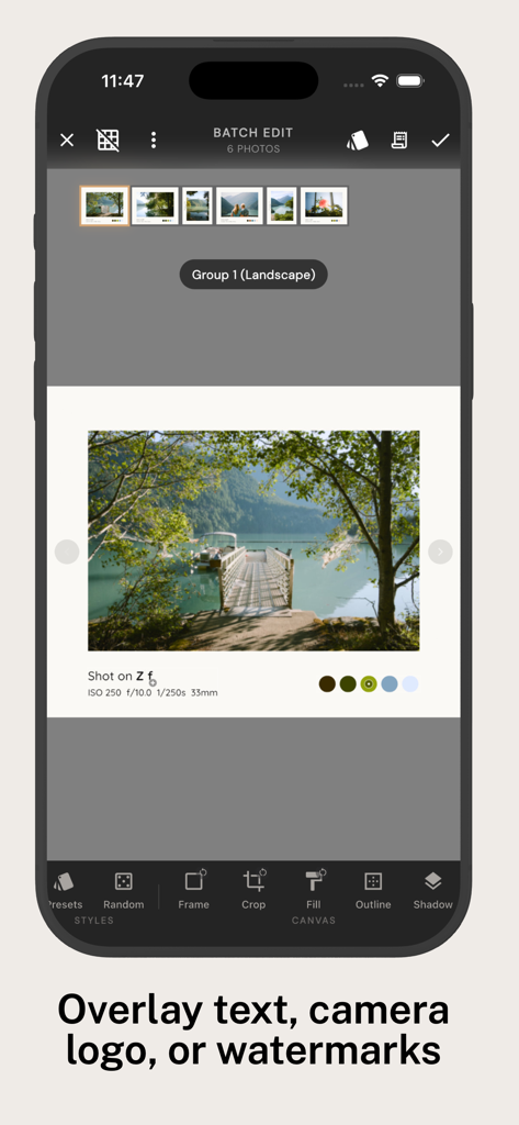 BatchPad: Photo Border in Bulk - Interface of BatchPad app showing photo batch editing with EXIF data and camera logo overlays