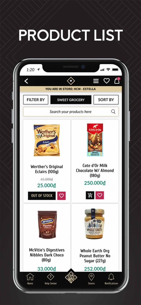 Annam Gourmet - Mobile app interface showing a list of gourmet snacks and grocery products