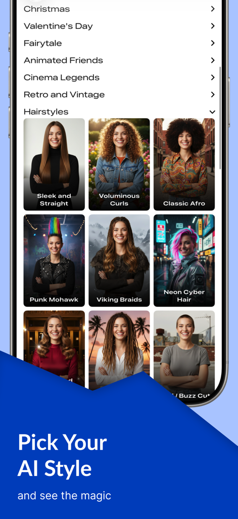 AutoBoothAI: AI Photo Booth - AutoBoothAIアプリのインターフェース。写真用のさまざまなAI生成ヘアスタイルの選択肢を表示しています。