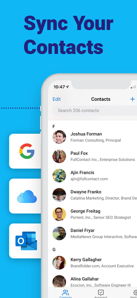 Interfaz de una aplicación móvil de Contacts Plus mostrando una lista de contactos profesionales con iconos para sincronizar desde Google iCloud y Outlook