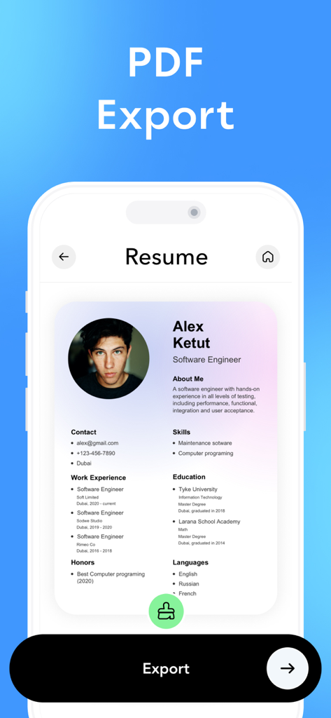 Resume Maker & CV Builder App - Una pantalla móvil que muestra una vista previa de currículum profesional con un botón de exportación a PDF