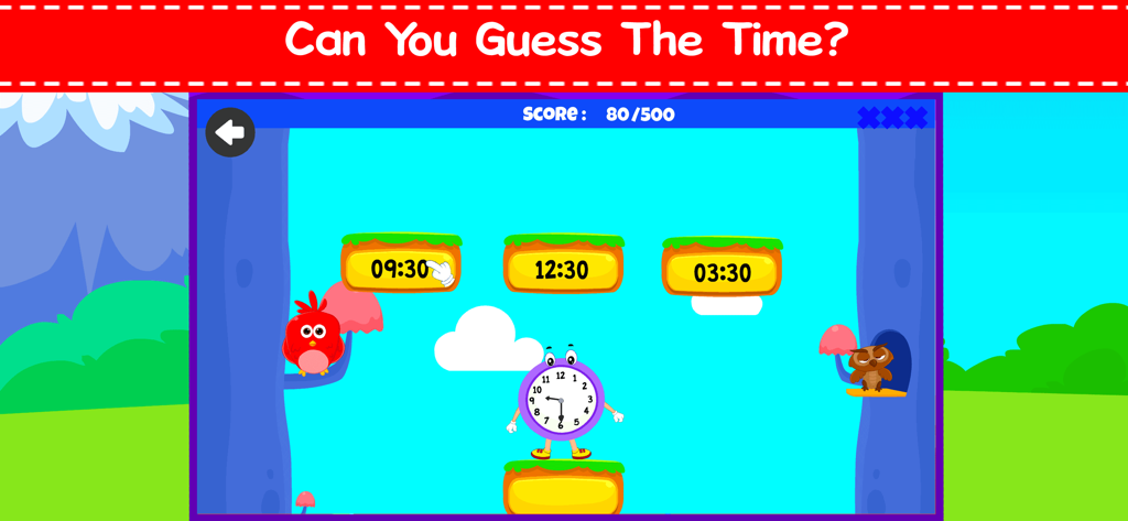A colorful game screen where children learn to tell time by selecting the correct digital time for an analog clock