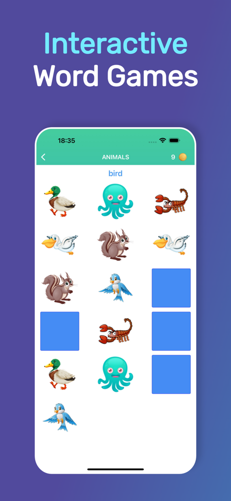 Lingo Speak: Learn English ABC - Un juego interactivo de emparejación de vocabulario de animales en la aplicación Lingo Speak.