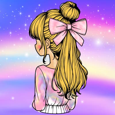 realistic girl  with hip length hair a bun and a big bow on the back of head