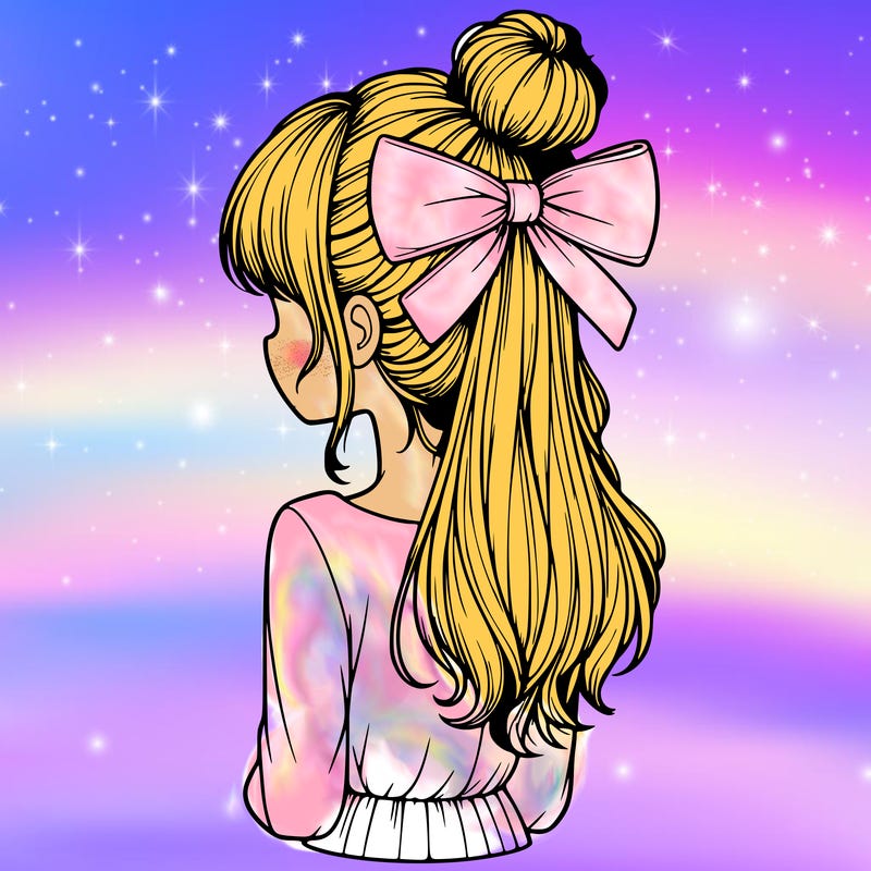 realistic girl  with hip length hair a bun and a big bow on the back of head