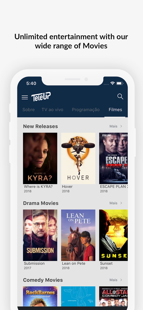 TeleUP Brasil - TeleUP Brasil app interface showing a catalog of movies in drama and comedy categories
