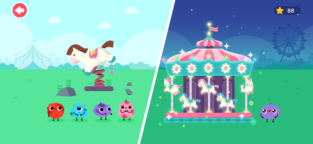 Ein geteilter Bildschirm, der Sternenbelohnungen zeigt, die zum Bau eines bunten, leuchtenden Karussells in Dinosaur ABC verwendet werden.