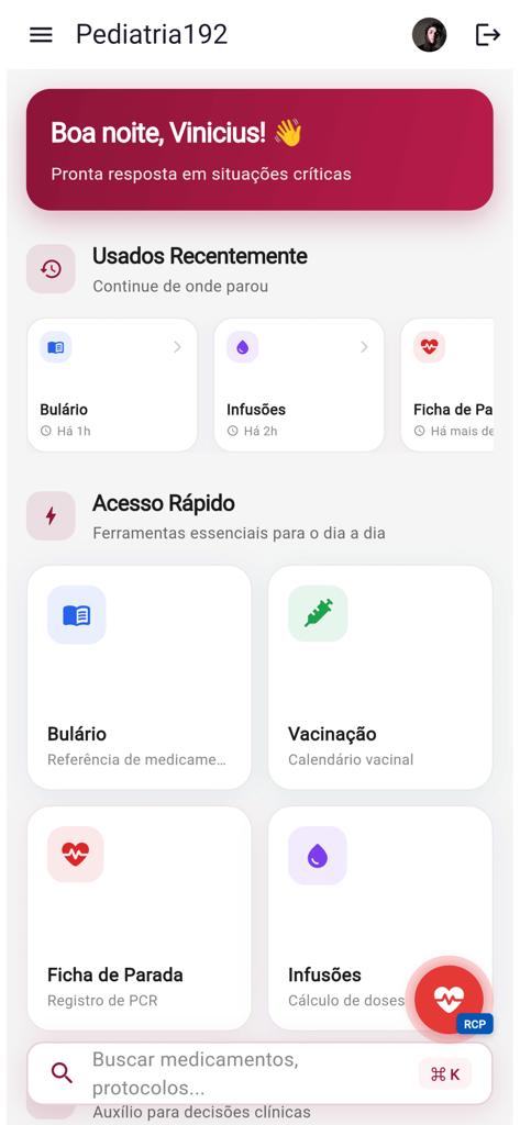 Pediatria 192 - Painel do aplicativo Pediatria 192 com acesso rápido ao banco de dados de medicamentos, cálculos de infusão e ferramentas de parada cardíaca.