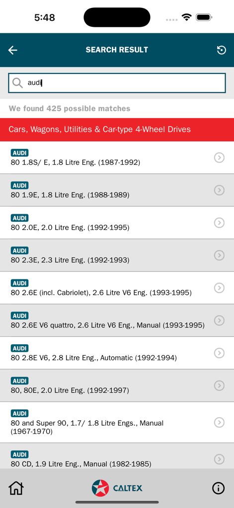 NetLube Caltex New Zealand - Search results for Audi vehicle models in the NetLube Caltex app.