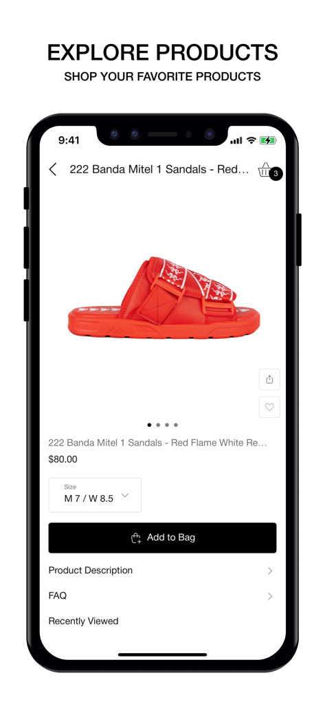 Una pagina prodotto per i sandali Kappa Banda Mitel rossi nell'app mobile Kappa USA