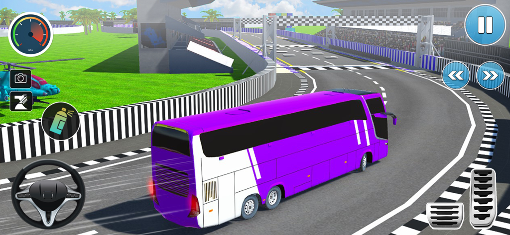 Bus Simulator Racing Games 3D - Gameplay screenshot of a purple bus racing on a 3D track with driving controls