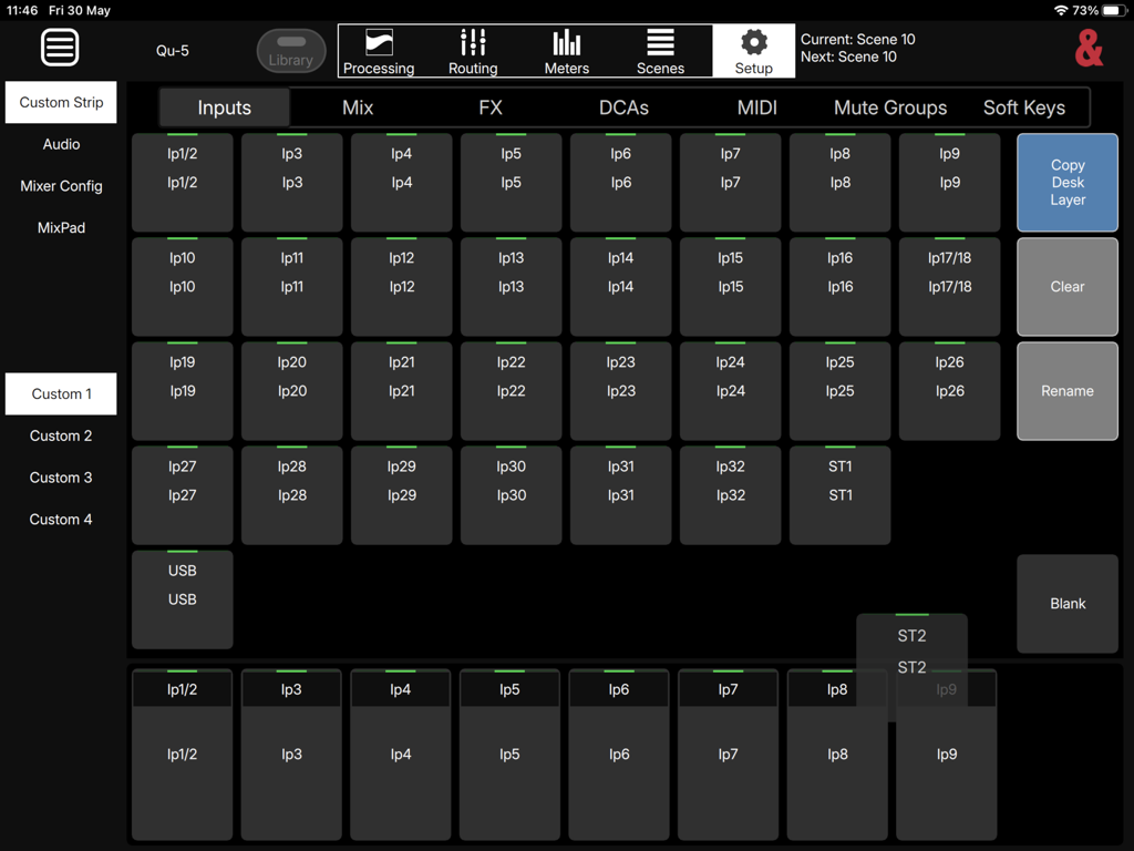 Qu MixPad - Setup screen of Qu MixPad app showing custom strip configuration for audio inputs.