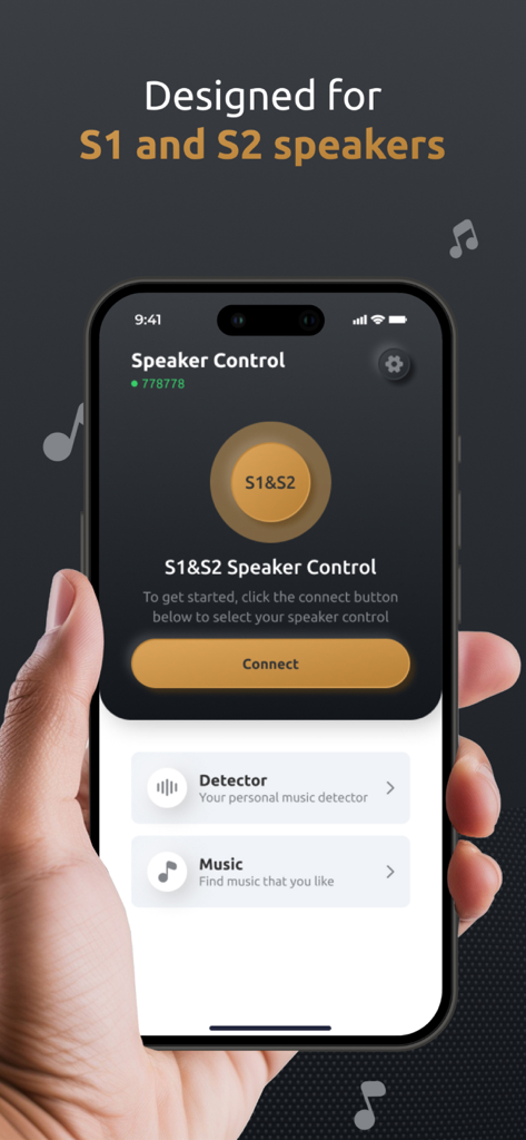 S1 und S2 Lautsprecher-Controller-App-Oberfläche, die den Verbindungsbildschirm und Musikfunktionen auf einem iPhone zeigt