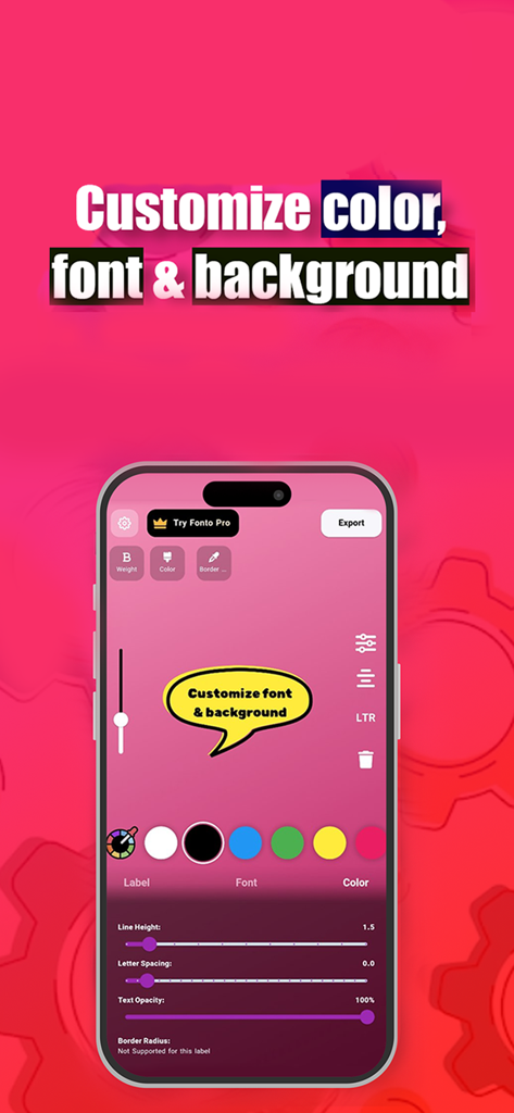 Fonto - story font for IG - iPhone screenshot of the Fonto app showing font and background customization tools for Instagram stories