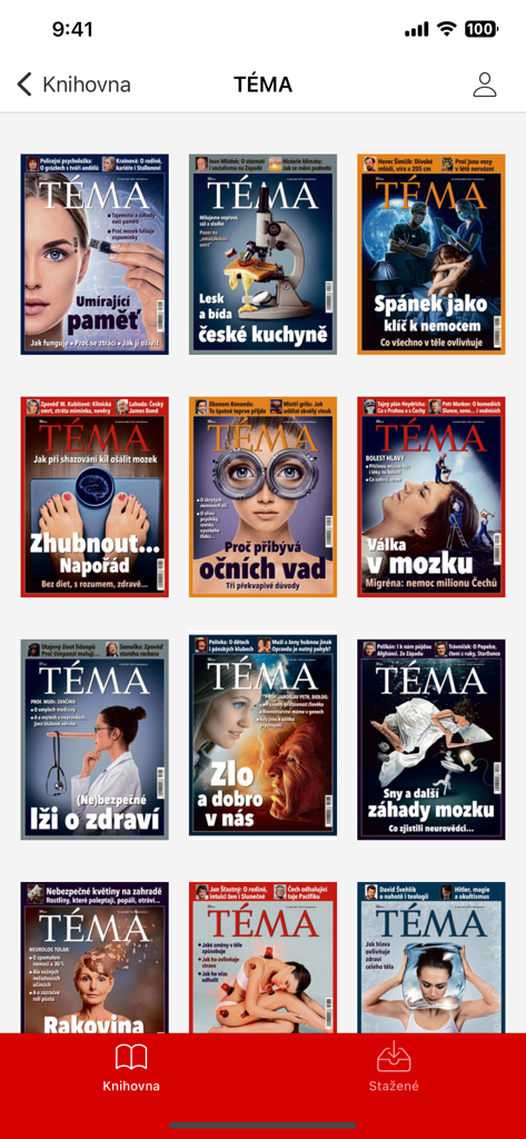 Mediatéka - Grid view of Czech TEMA magazine covers in the Mediatéka app library interface.