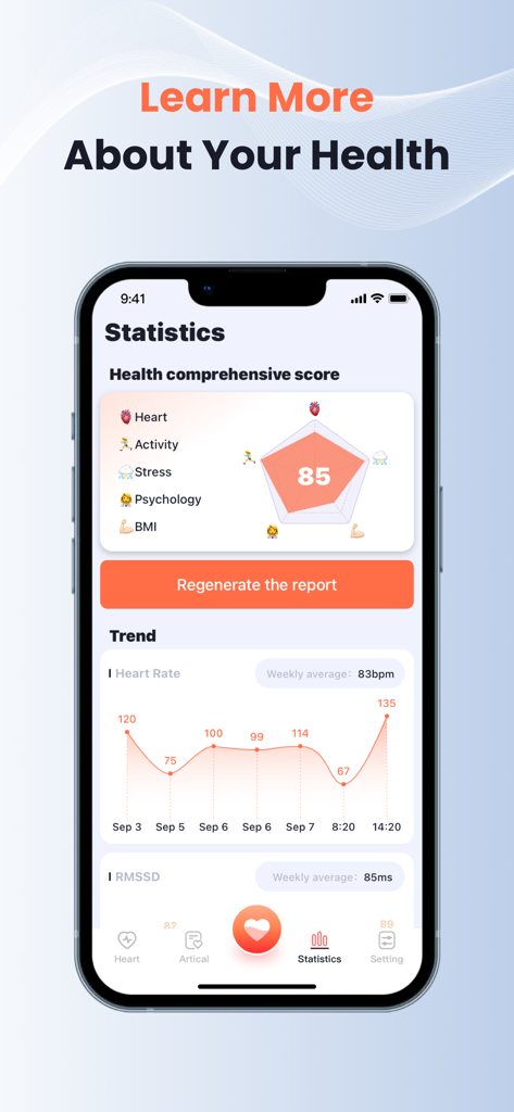 Heartbeat Pulse Detection-Life - iPhone screen displaying the Heartbeat Pulse Detection app's health statistics dashboard, featuring a comprehensive health score graph and heart rate trends over time.
