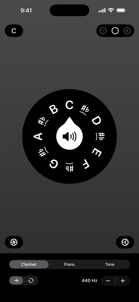 Onyx: Pitch Pipe - Onyx Pitch Pipe app interface with circular note selector and tone settings