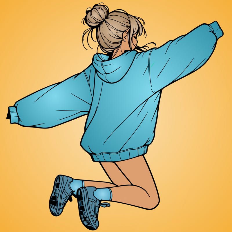 realistic girl jumping with a bun and oversized sweatshirt