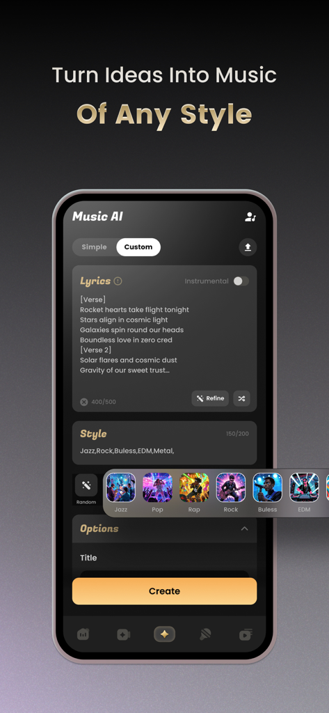 Music AIアプリのモバイルインターフェースで、カスタム歌詞入力と、Jazz、Pop、Rap、Rockなどの音楽スタイルの選択を表示