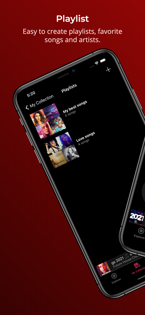 YoMuzik app user interface showing the playlist management screen with custom music collections