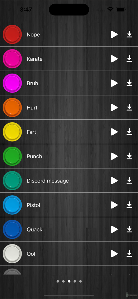 Interface do usuário do aplicativo Funny Sounds Sound Board apresentando uma lista de efeitos sonoros de memes e botões coloridos