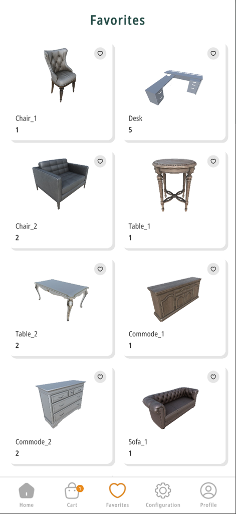 Easy AR Furniture - Favorites section of the Easy AR Furniture app featuring saved items like chairs desks and tables
