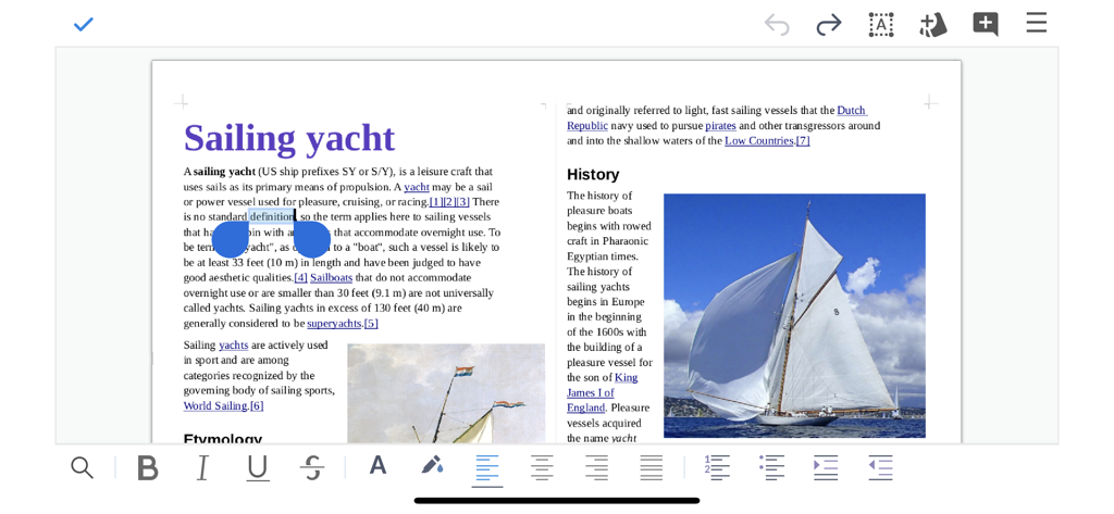 Collabora Office app interface showing a document about sailing yachts with text and image editing tools