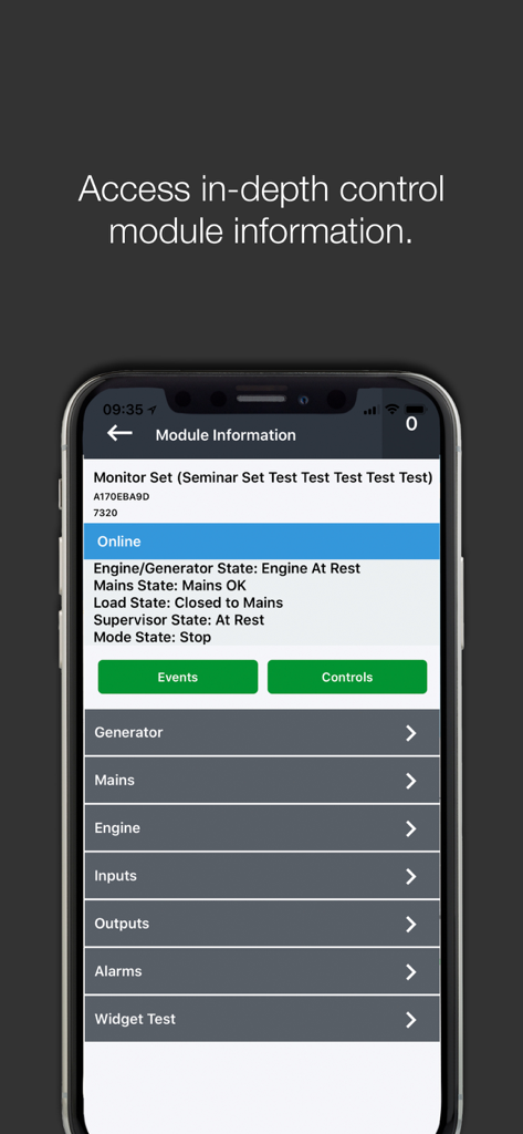 DSE WebNet® - DSE WebNet app screen showing generator module information and system status