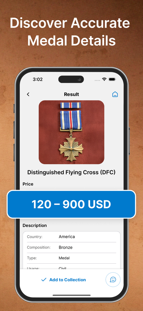 Medal Identifier by Picture - A mobile app screenshot showing the identification and value estimation of a Distinguished Flying Cross medal.
