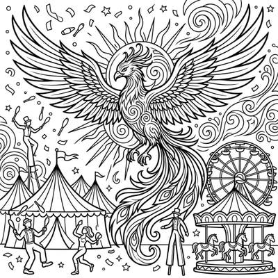 Unleash your creativity with this spectacular coloring page featuring a magnificent Sun Phoenix soaring above a bustling carnival. Discover circus tents, performers, and classic rides ready for your vibrant touch.