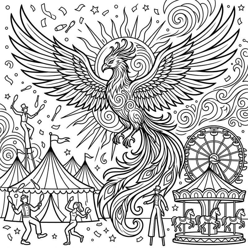 Unleash your creativity with this spectacular coloring page featuring a magnificent Sun Phoenix soaring above a bustling carnival. Discover circus tents, performers, and classic rides ready for your vibrant touch.