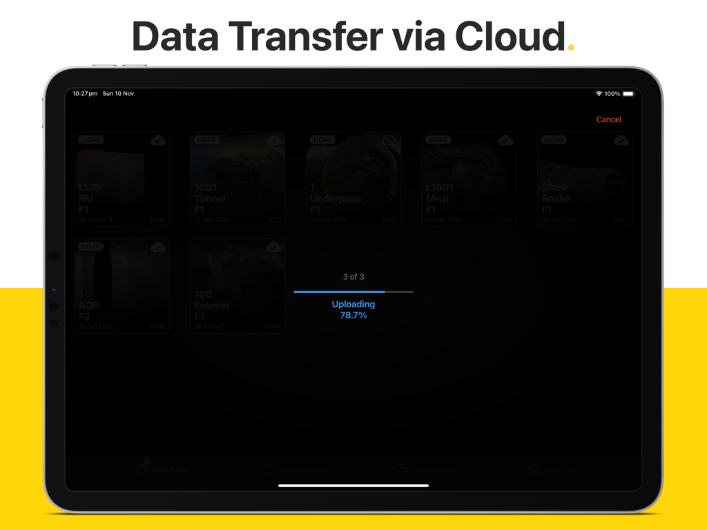 Rock Mapper - Rock Mapper iPad app interface displaying data transfer via cloud and uploading progress
