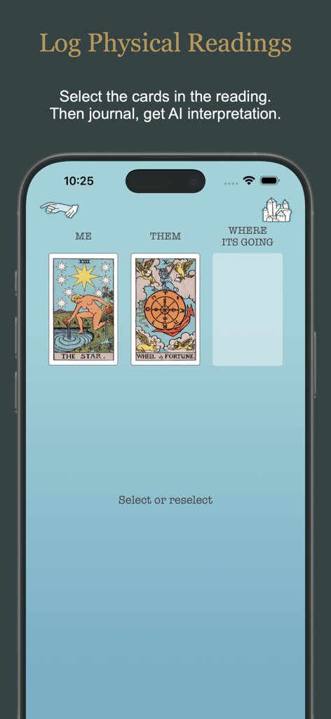 Tarot Simple: Cards & Readings - Interface for logging physical tarot readings in the Tarot Simple app showing a three-card spread.