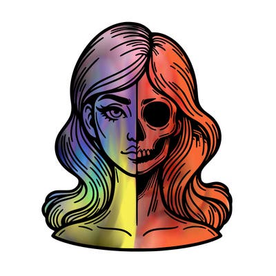 bust of a woman, half face and hair, half skull