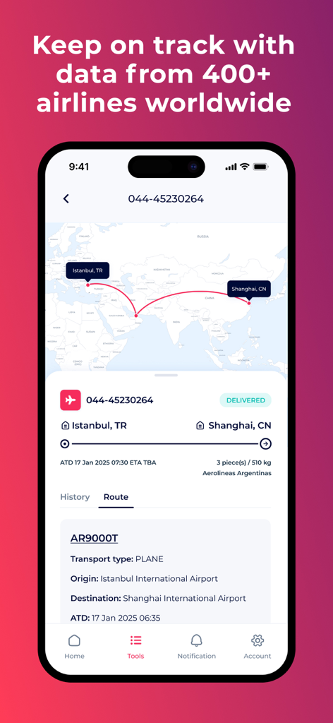 AirRates - AirRates mobile app showing a real-time air cargo tracking map with shipment details from Istanbul to Shanghai