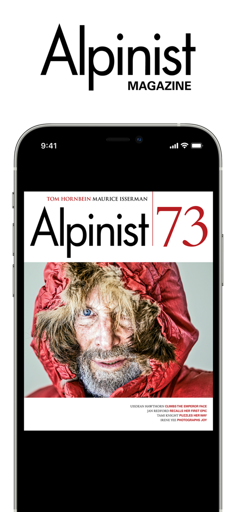 Ein Smartphone-Bildschirm, der das Cover der Alpinist Magazine Ausgabe 73 mit einem Foto eines Kletterers anzeigt