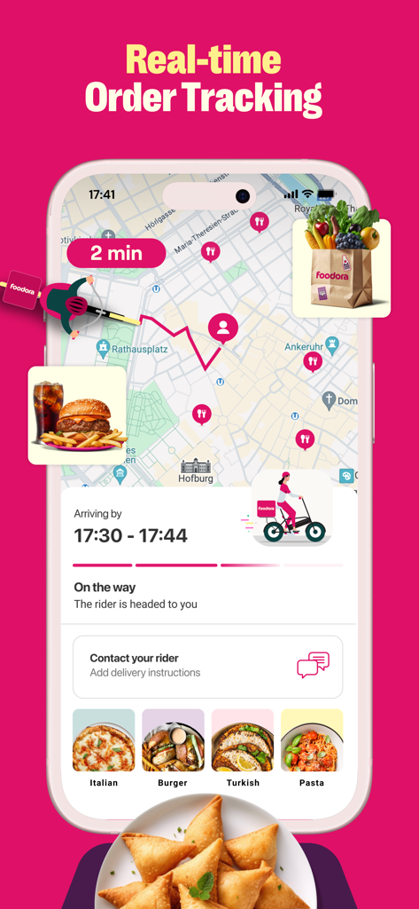 foodora AT: Food & Groceries - Real time order tracking on the foodora app showing the delivery map and arrival time