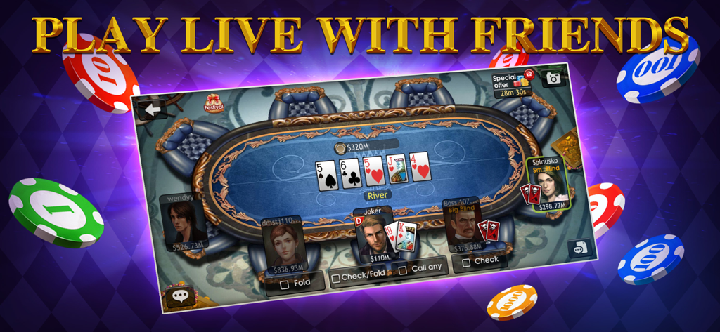 DH Texas Poker mobile game screen showing a live table with players and cards