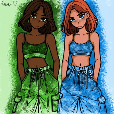 two girls with crop top with baggy pants