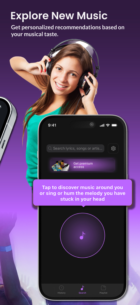 Name That Song: Identify Music - Interfaz de la aplicación Identifica Canciones que muestra el descubrimiento y la identificación de música a través del sonido o tarareos