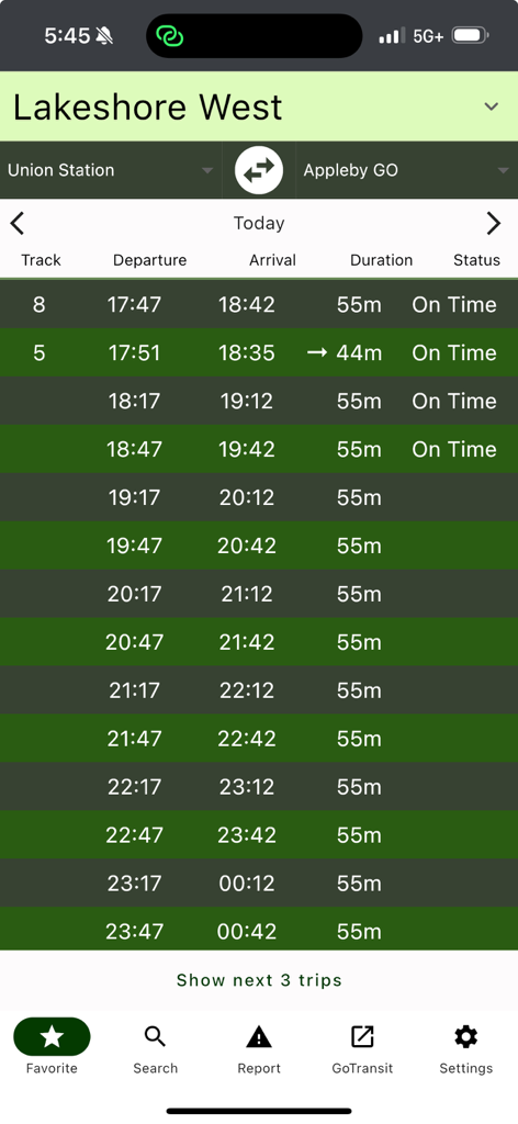 Interface do aplicativo móvel exibindo uma lista de horários de partida de trens e números de plataforma para a linha Lakeshore West