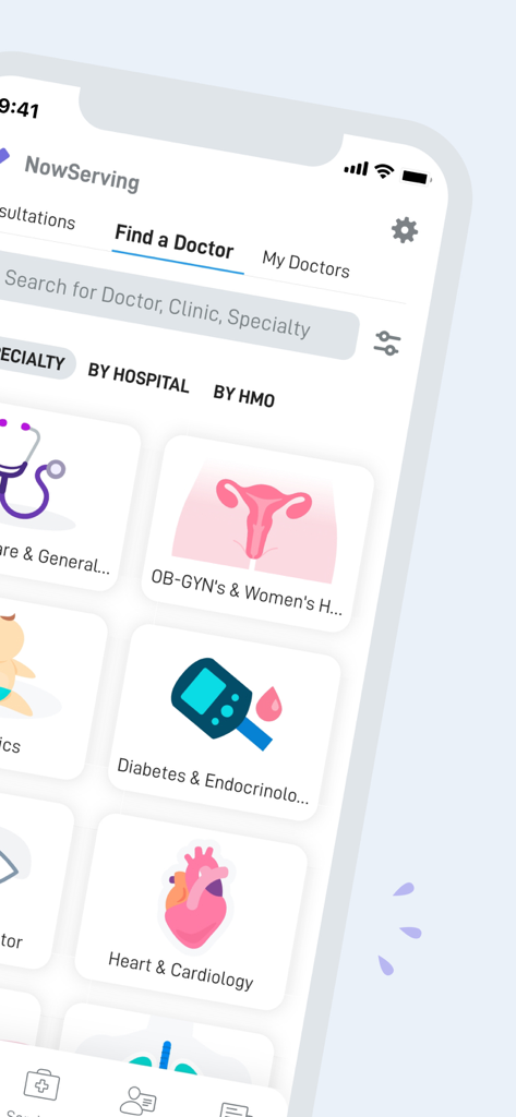 NowServing app screen for searching doctors by specialty like Cardiology and OB-GYN